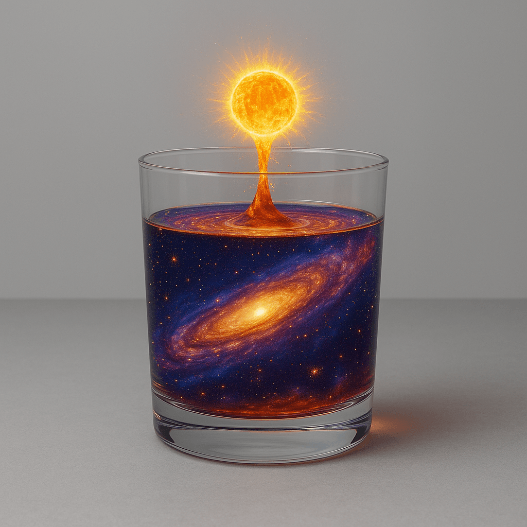 The same glass of water, now containing a swirling cosmos, representing hidden wonder.